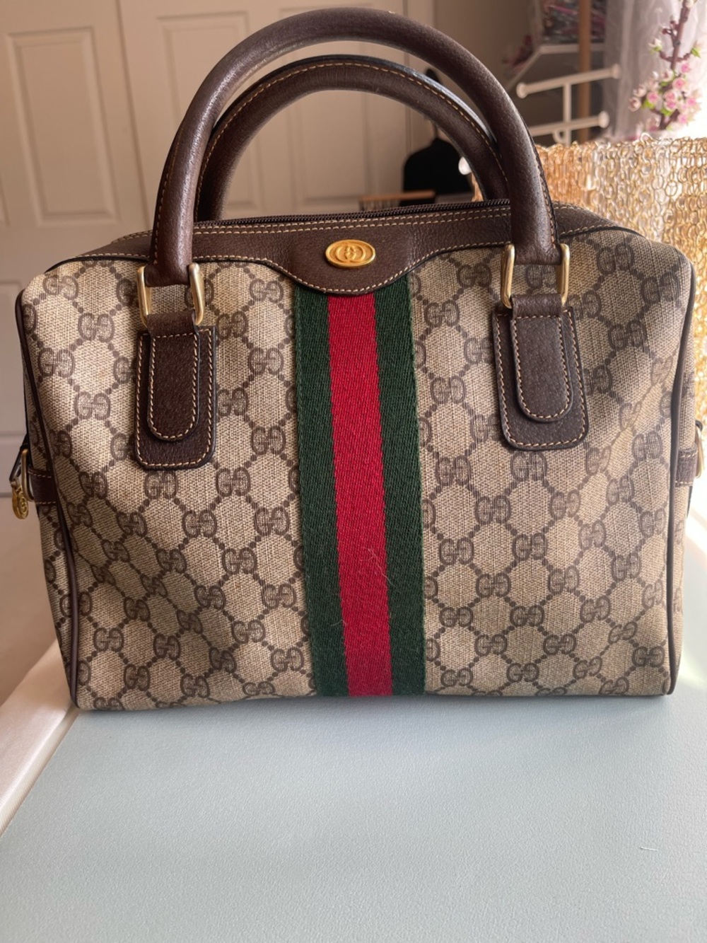 Gucci Beige GG Supreme Canvas Satchel with Green-Red Web Stripe